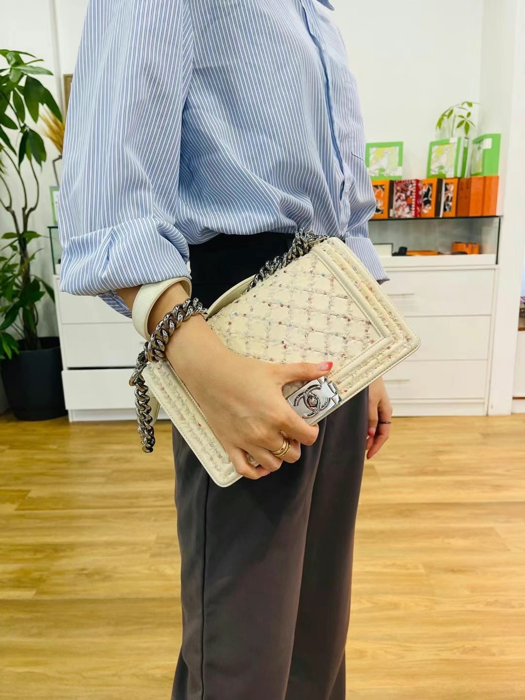 Second-hand, 90% new, 24K Chanel Leyboy medium size, limited edition. Price: 8000 AED63440390572419111