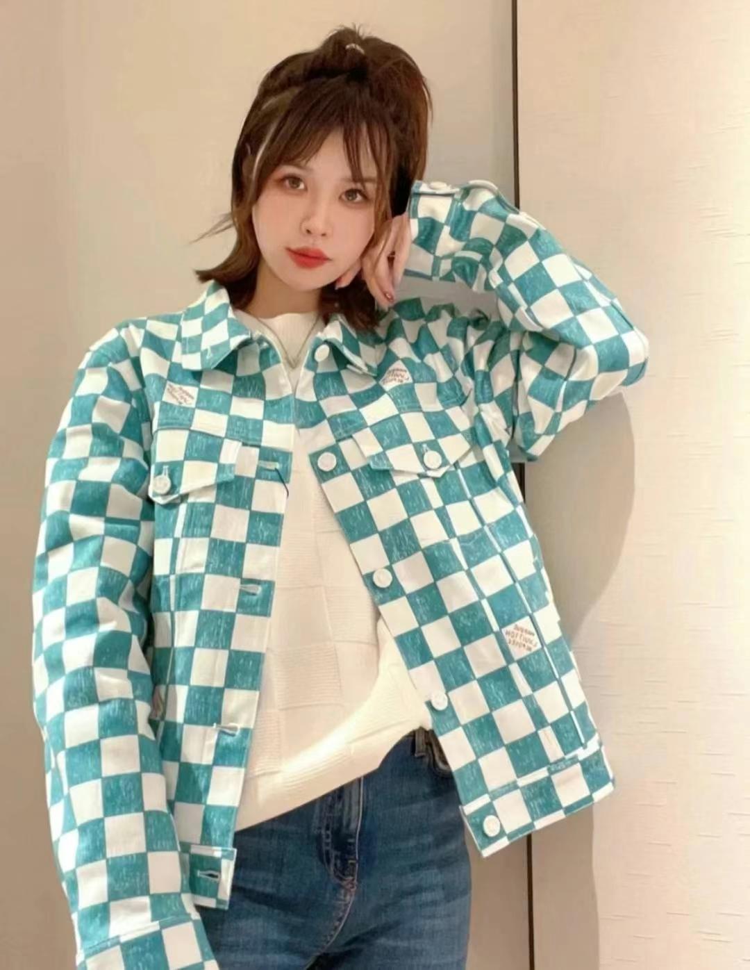 LV Checkerboard Denim Jacket Coat Size 4663440054434050114